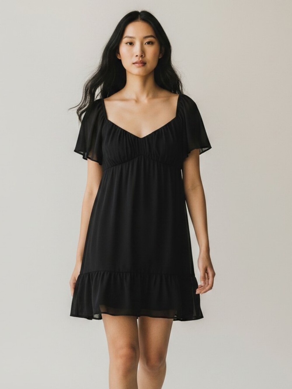 Dynamite Black Smocked Chiffon Babydoll Mini Dress XL Flutter Sleeve V-Neck